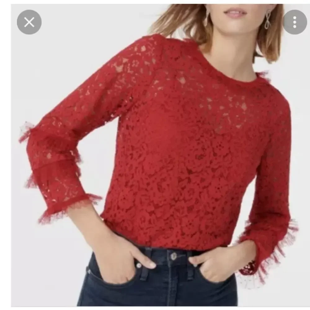 J. Crew Women Pink Lined Lace Blouse With Tulle Ruffle Detail Size M